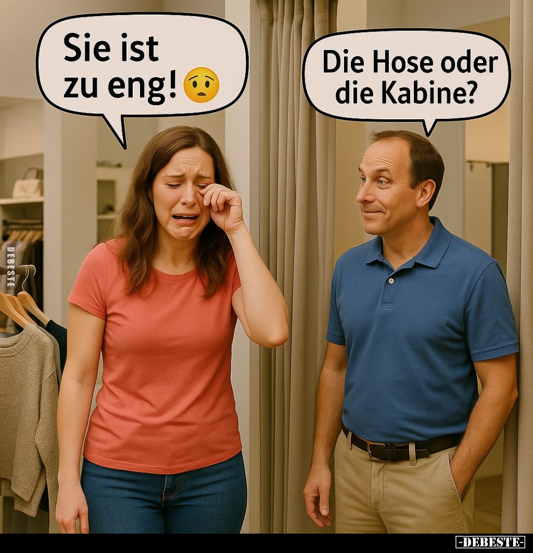 Sie ist zu eng!
Die Hose oder die Kabine?