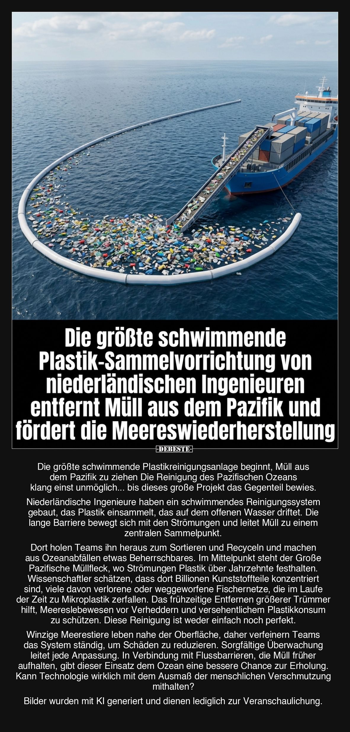 Die größte schwimmende Plastik-Sammelvorrichtung von niederländischen Ingenieuren entfernt Müll aus dem Pazifik und fördert d...