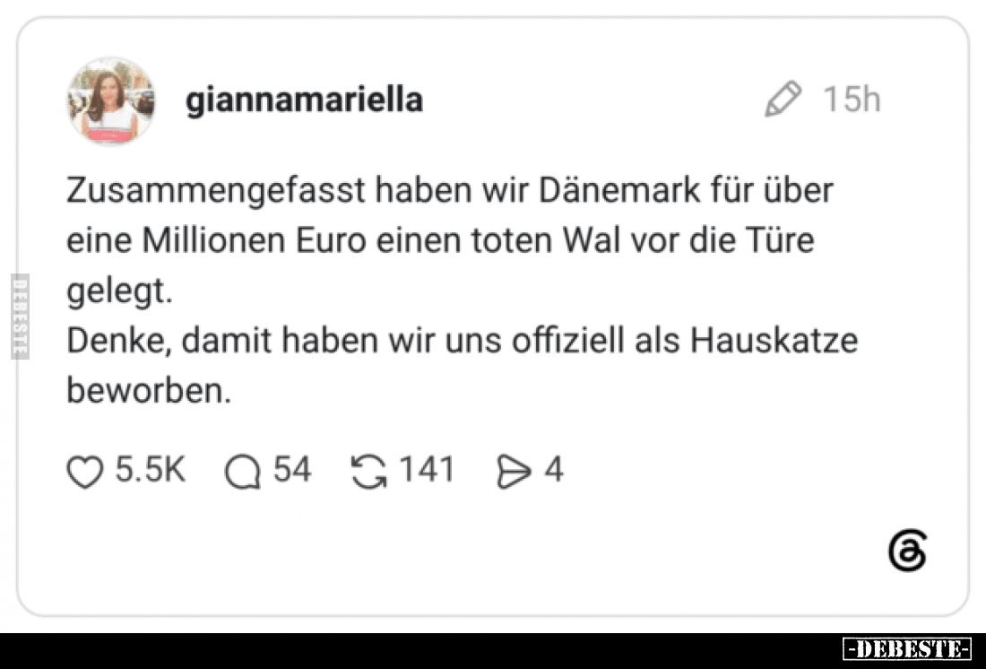 Zusammengefasst haben wir Dänemark für über eine Millionen Euro einen toten Wal vor die Türe gelegt.
Denke, damit haben wir ...