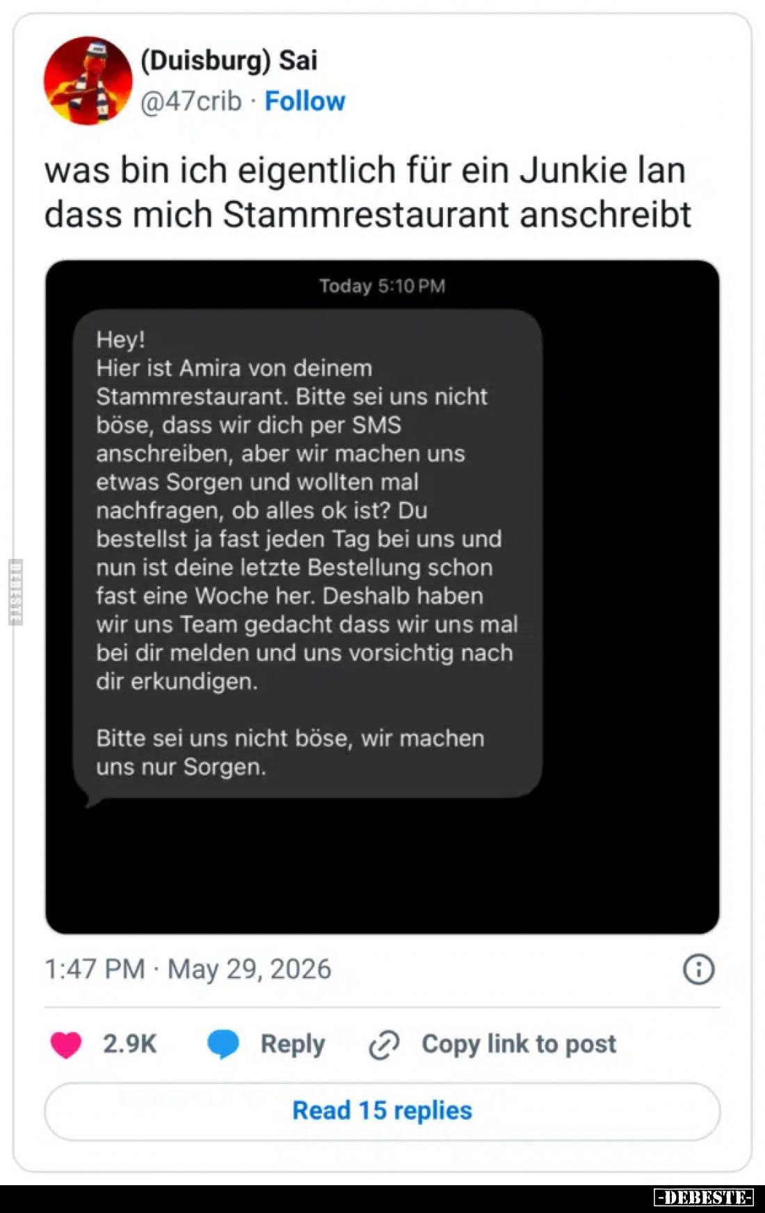 Was bin ich eigentlich für ein Junkie lan dass mich Stammrestaurant anschreibt.

Hey!
Hier ist Amira von deinem Stammresta...