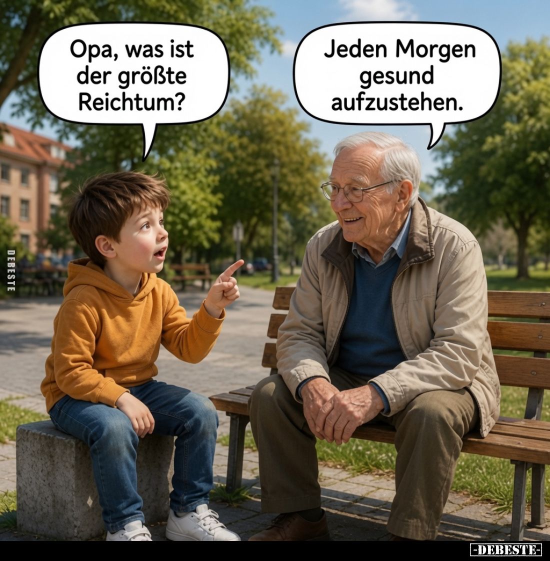 Opa, was ist der größte Reichtum?
Jeden Morgen gesund aufzustehen.