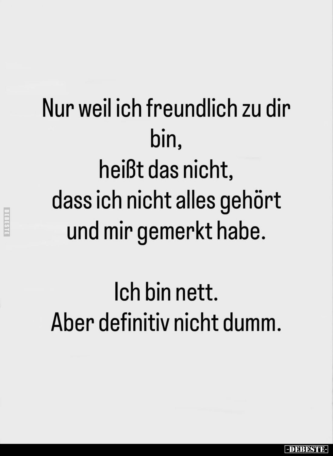 Nur weil ich freundlich zu dir bin, heißt das nicht, dass ich nicht alles gehört und mir gemerkt habe.
Ich bin nett.
Aber d...