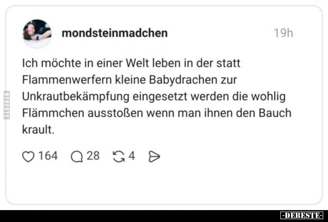 Ich möchte in einer Welt leben in der statt Flammenwerfern kleine Babydrachen zur Unkrautbekämpfung eingesetzt werden die woh...