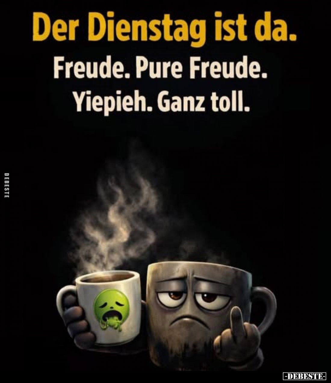 Der Dienstag ist da.
Freude. Pure Freude.
Yiepieh. Ganz toll.