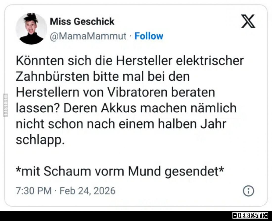 Könnten sich die Hersteller elektrischer Zahnbürsten bitte mal bei den Herstellern von Vibratoren beraten lassen? Deren Akkus...