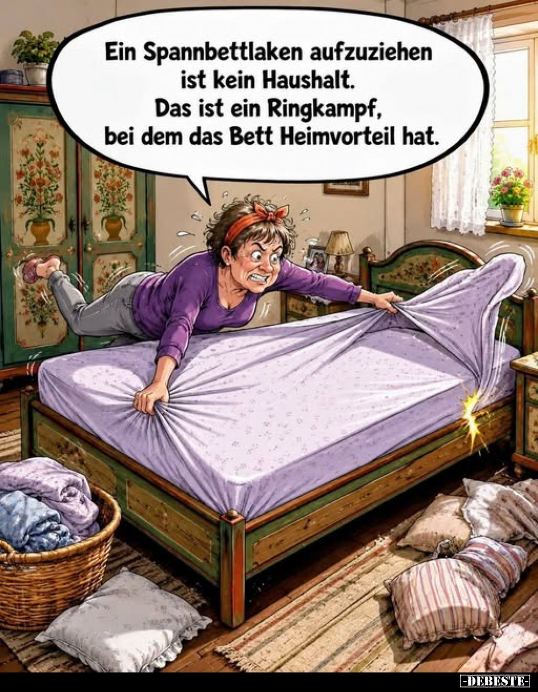 Ein Spannbettlaken aufzuziehen ist kein Haushalt.
Das ist ein Ringkampf, bei dem das Bett Heimvorteil hat.