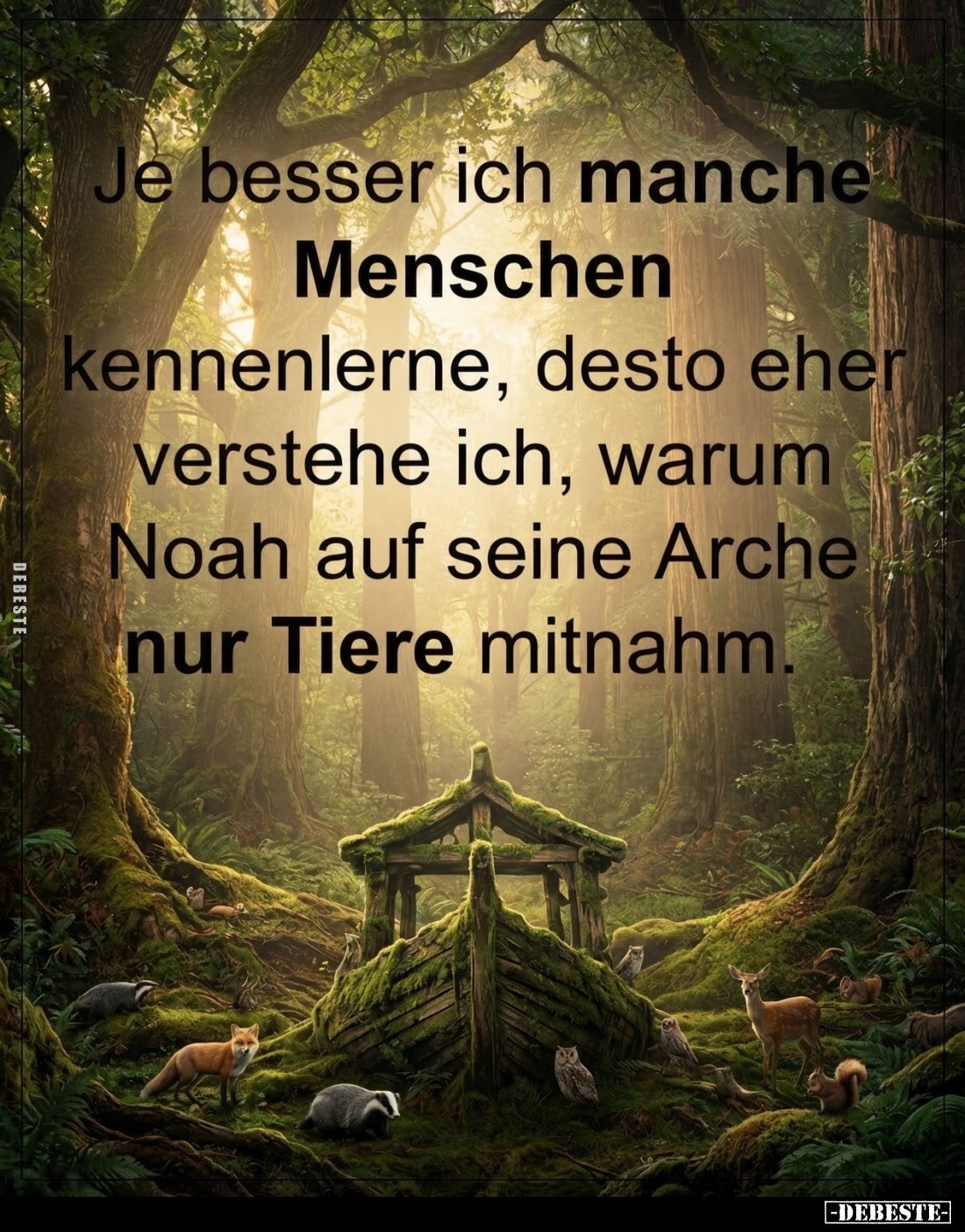 Je besser ich manche
Menschen
kennenlerne, desto eher
verstehe ich, warum
Noah auf seine Arche
nur Tiere mitnahm.