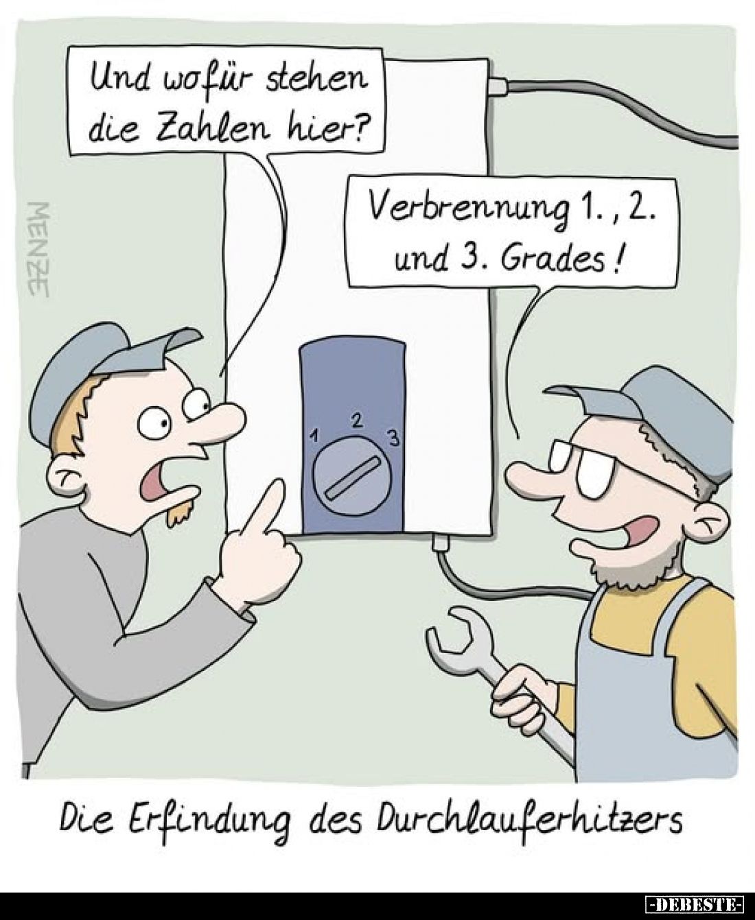 Und wofür stehen die Zahlen hier?
Verbrennung 1., 2. und 3. Grades!

Die Erfindung des Durchlauferhitzers.