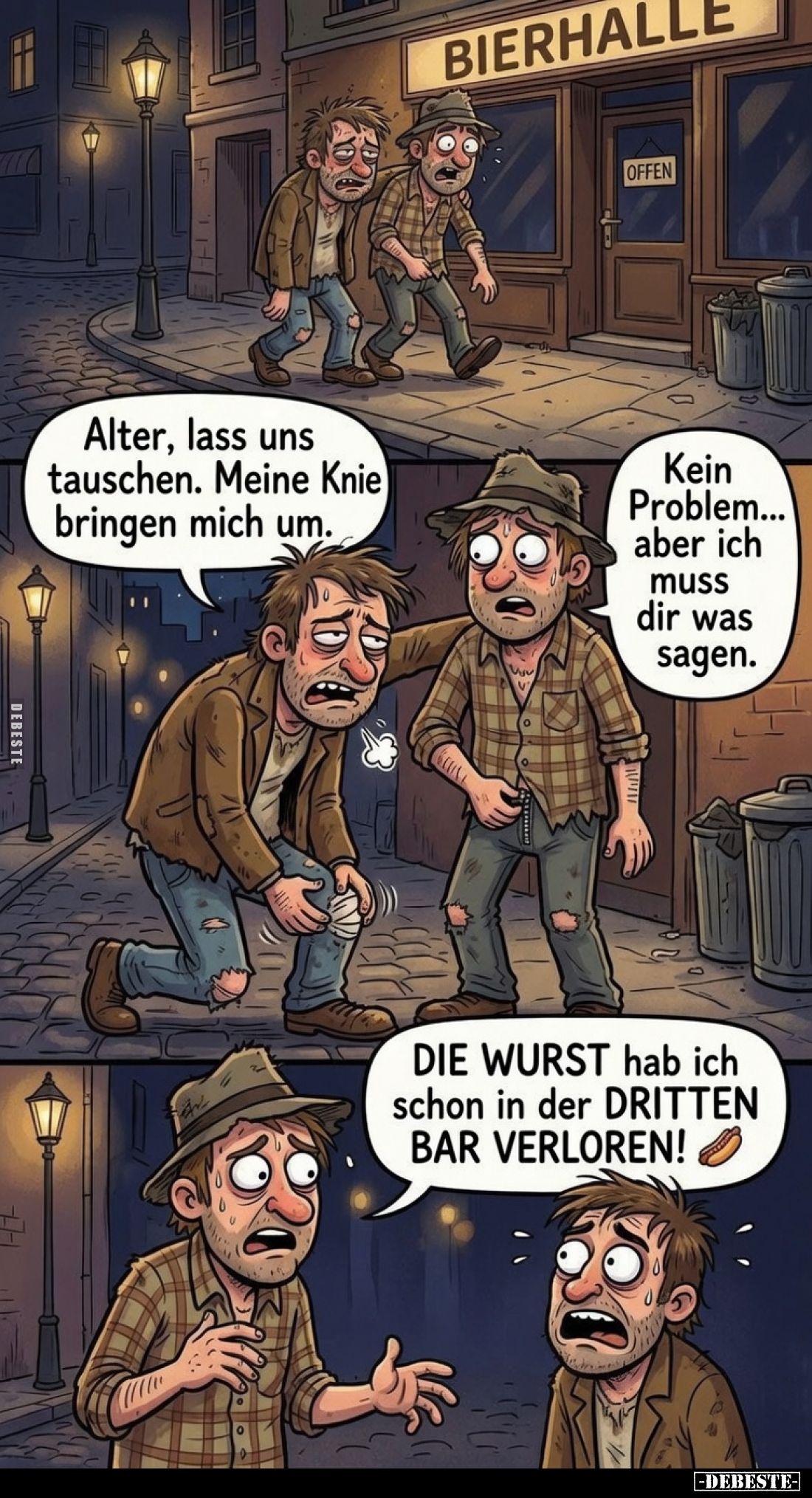 Alter, lass uns tauschen. Meine Knie bringen mich um. -
Kein Problem... aber ich muss dir was sagen.
-
DIE WURST hab ich s...