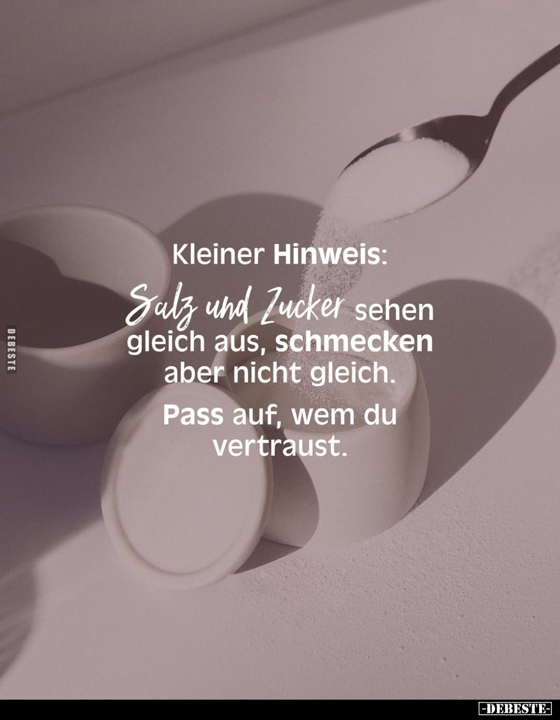 Kleiner Hinweis:
Salz und Zucker sehen gleich aus, schmecken aber nicht gleich.
Pass auf, wem du vertraust.
