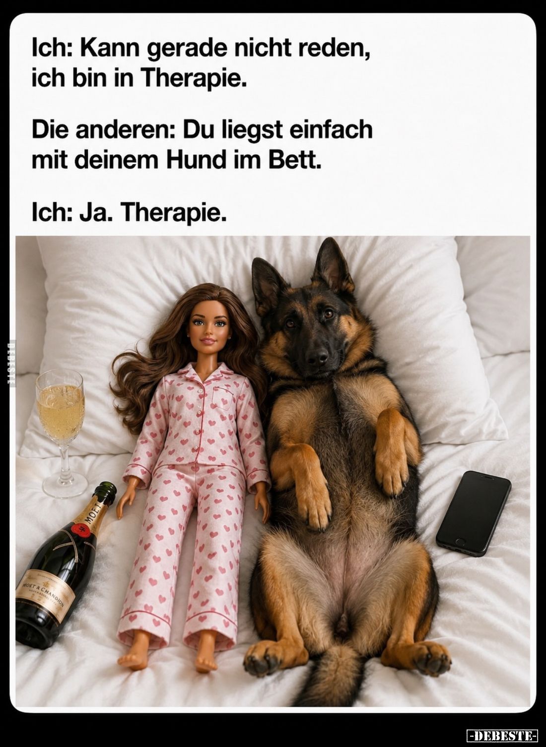 Ich: Kann gerade nicht reden, ich bin in Therapie.
Die anderen: Du liegst einfach mit deinem Hund im Bett.
Ich: Ja. Therapi...