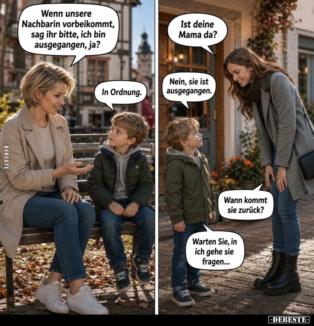 Wenn unsere Nachbarin vorbeikommt, sag ihr bitte, ich bin ausgegangen, ja?
In Ordnung.
Ist deine Mama da?
Nein, sie ist au...