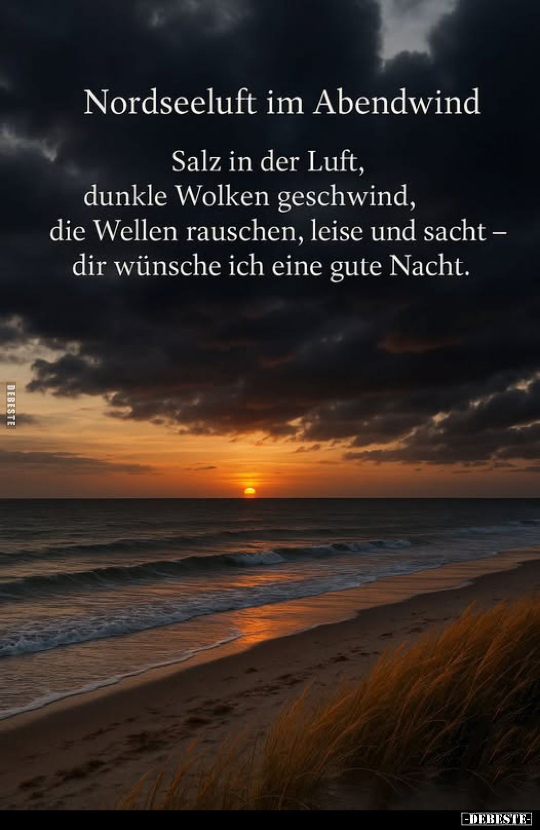 Nordseeluft im Abendwind.
Salz in der Luft, dunkle Wolken geschwind, die Wellen rauschen, leise und sacht - dir wünsche ich ...