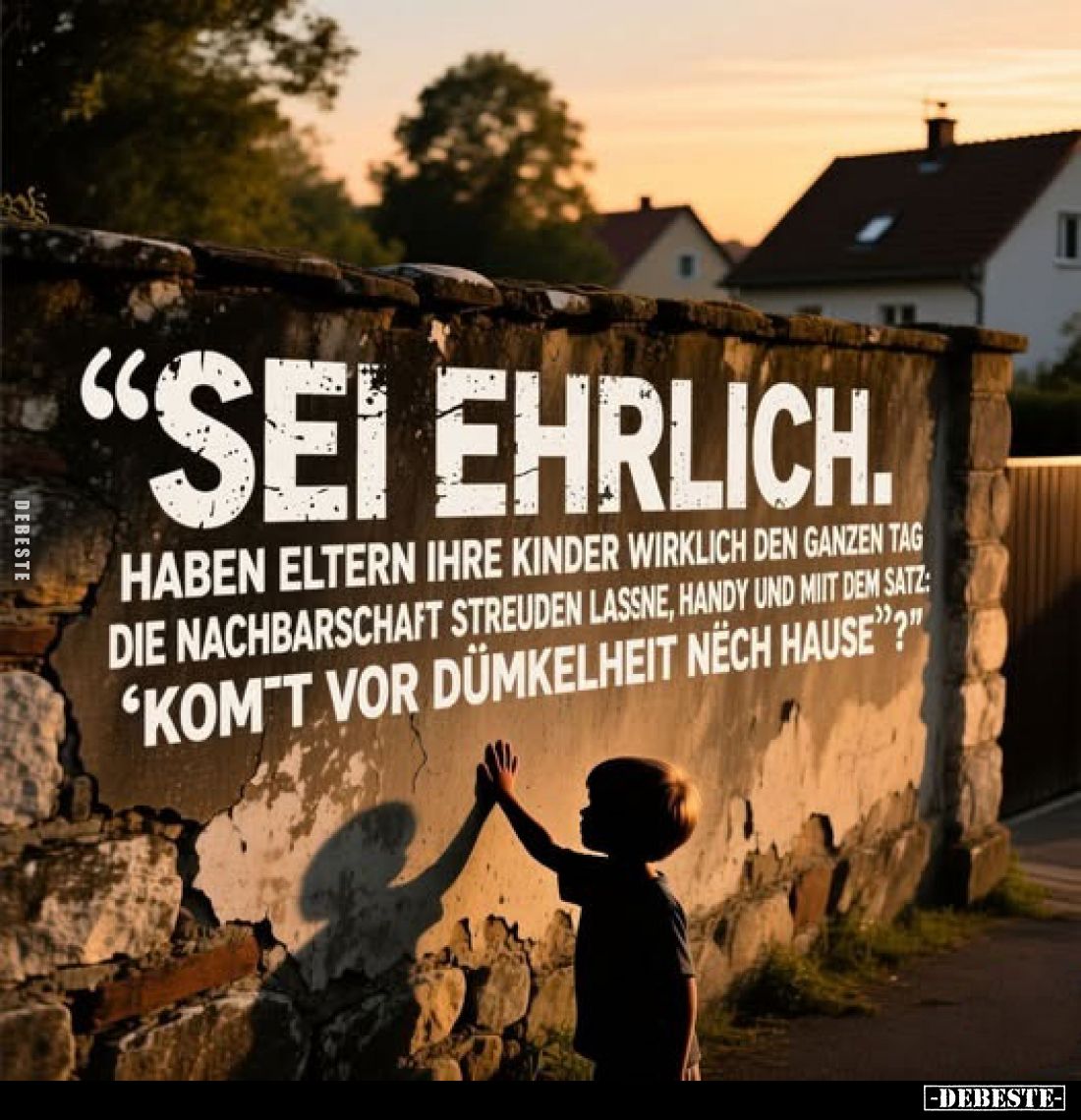 "Sei ehrlich.
Haben Eltern ihre Kinder wirklich den ganzen Tag die Nachbarschaft streuden lassne, Handy und mit dem Sat...