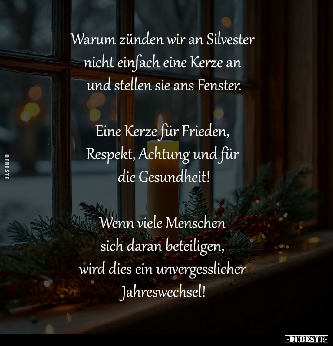 Warum zünden wir an Silvester 
nicht einfach eine Kerze an 
und stellen sie ans Fenster.

Eine Kerze für Frieden, 
Respe...