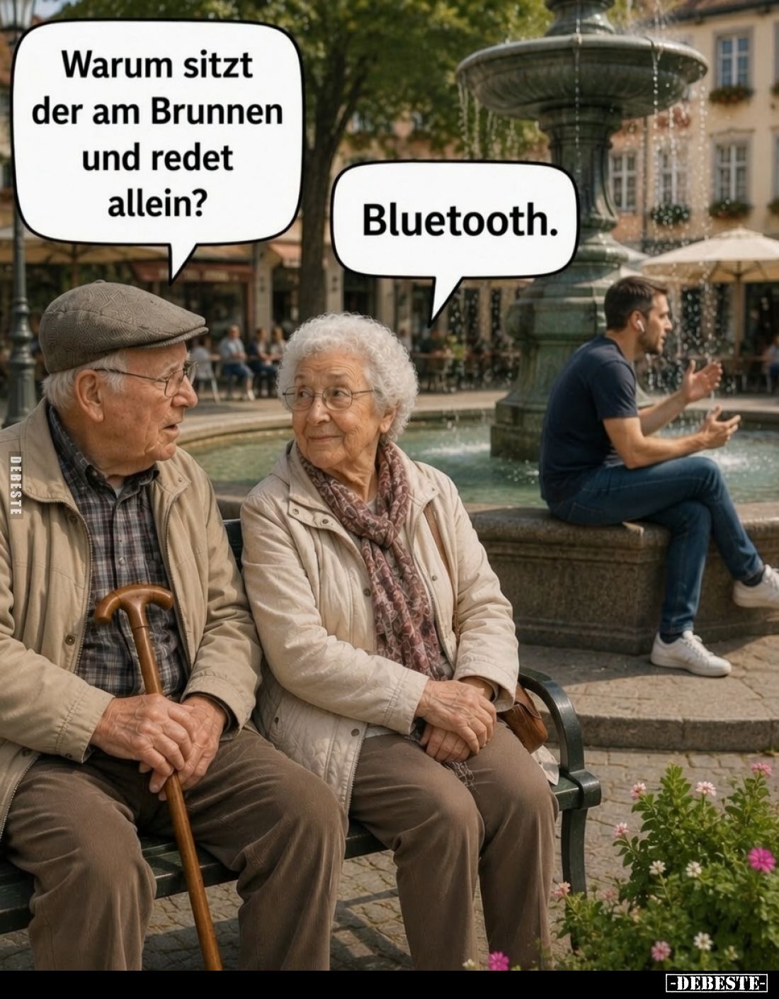 Warum sitzt der am Brunnen und redet allein? -
Bluetooth.