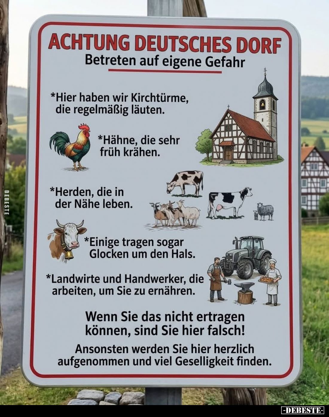 ACHTUNG DEUTSCHES DORF.
Betreten auf eigene Gefahr.
Hier haben wir Kirchtürme, die regelmäßig läuten.
Hähne, die sehr fr...