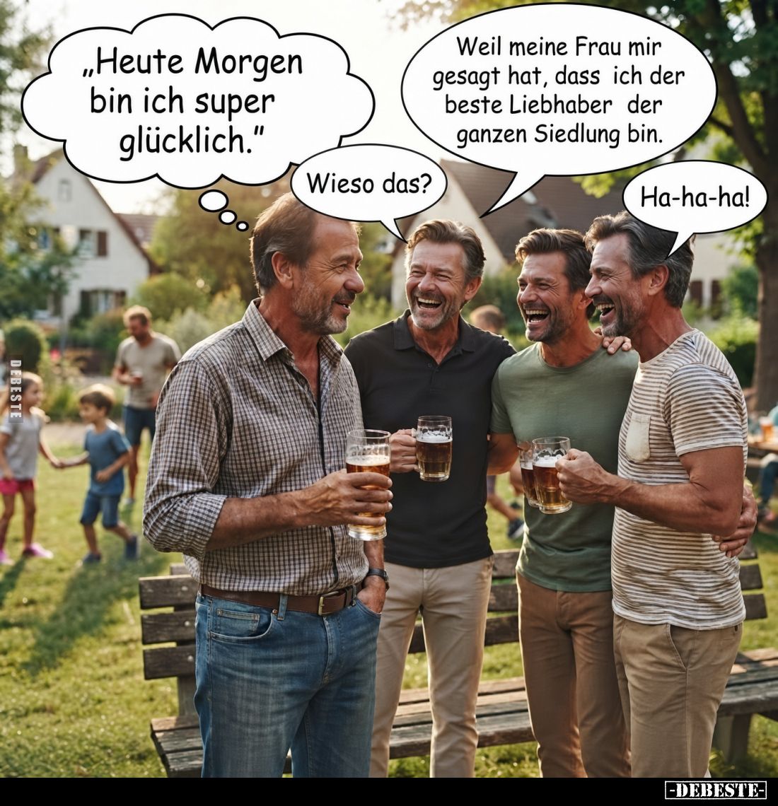 „Heute Morgen bin ich super glücklich.“
-
Wieso das?
-
Weil meine Frau mir gesagt hat, dass ich der beste Liebhaber der g...