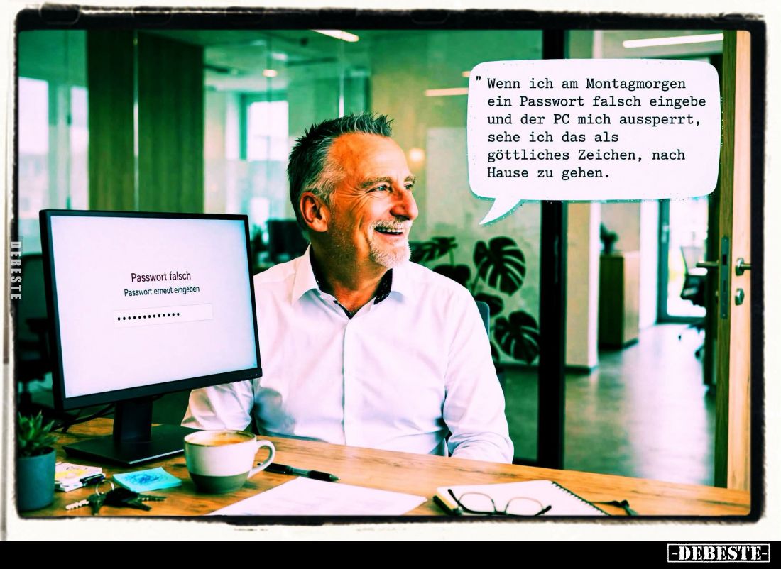 Wenn ich am Montagmorgen ein Passwort falsch eingebe und der PC mich aussperrt, sehe ich das als göttliches Zeichen, nach Hau...