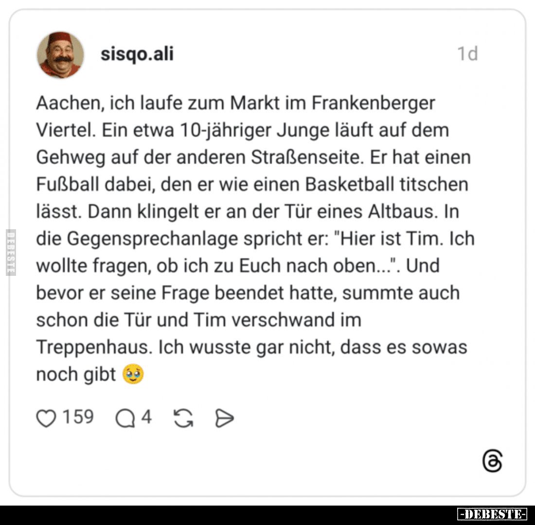 Aachen, ich laufe zum Markt im Frankenberger Viertel. Ein etwa 10-jähriger Junge läuft auf dem Gehweg auf der anderen Straßen...