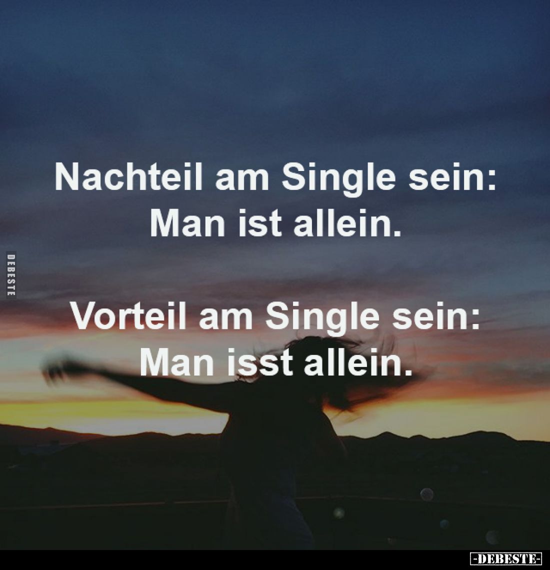 Nachteil am Single sein:
Man ist allein.

Vorteil am Single sein:
Man isst allein.