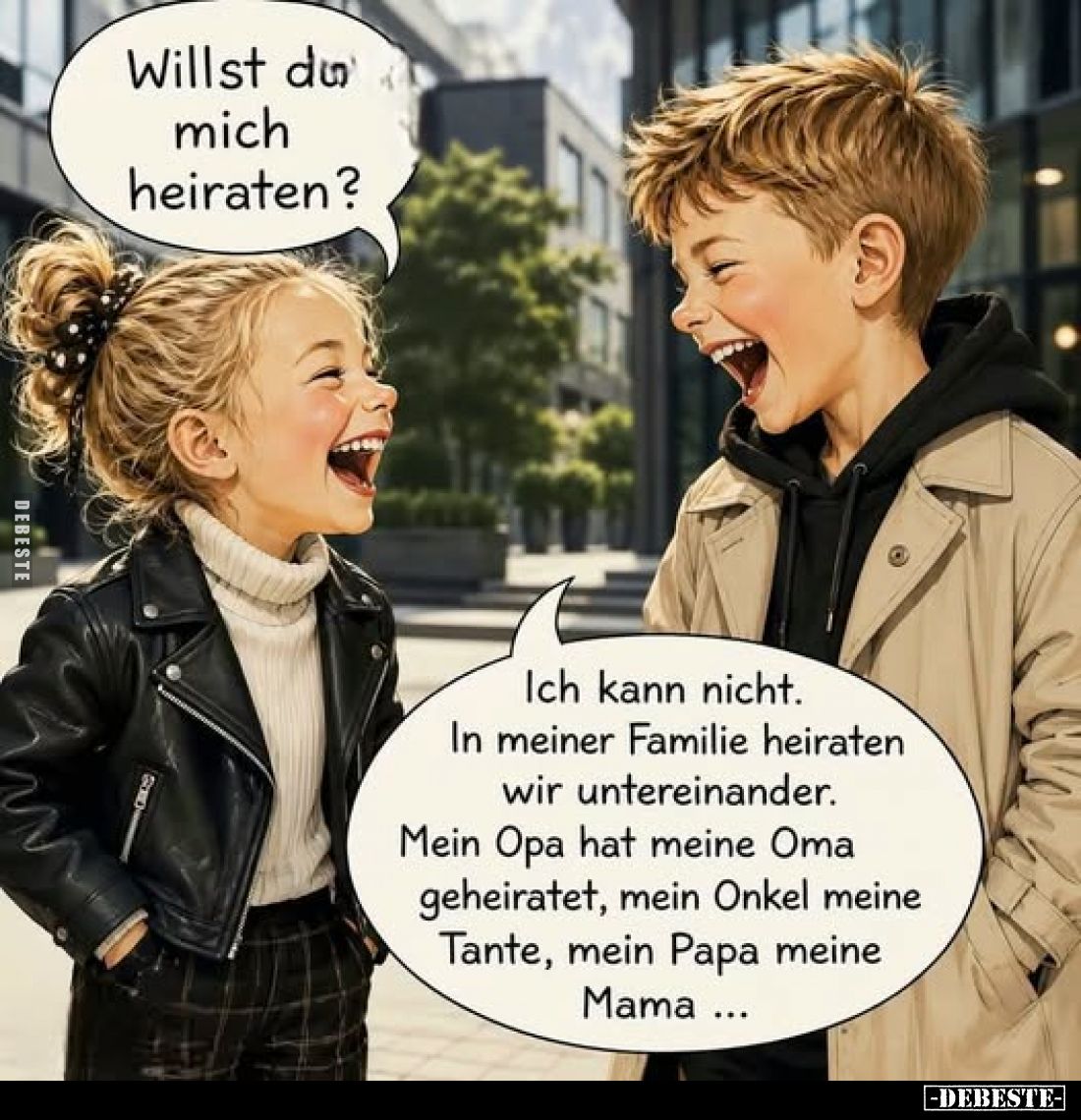 Willst du mich heiraten?
-
Ich kann nicht. In meiner Familie heiraten wir untereinander.
Mein Opa hat meine Oma geheiratet...