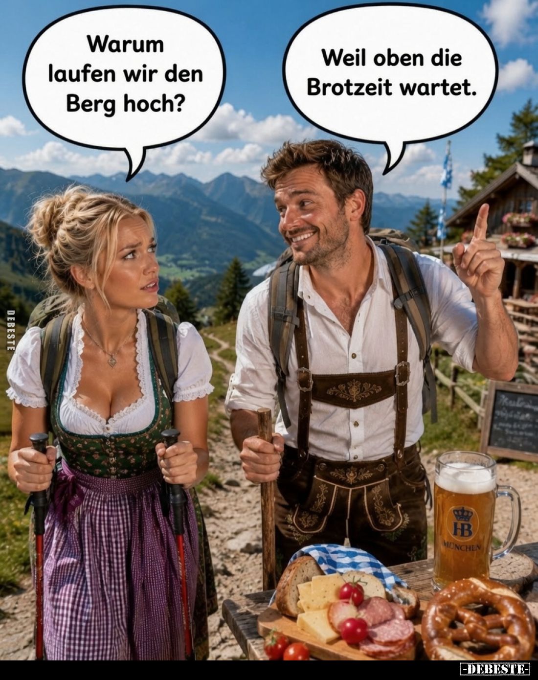 Warum laufen wir den Berg hoch? -
Weil oben die Brotzeit wartet.