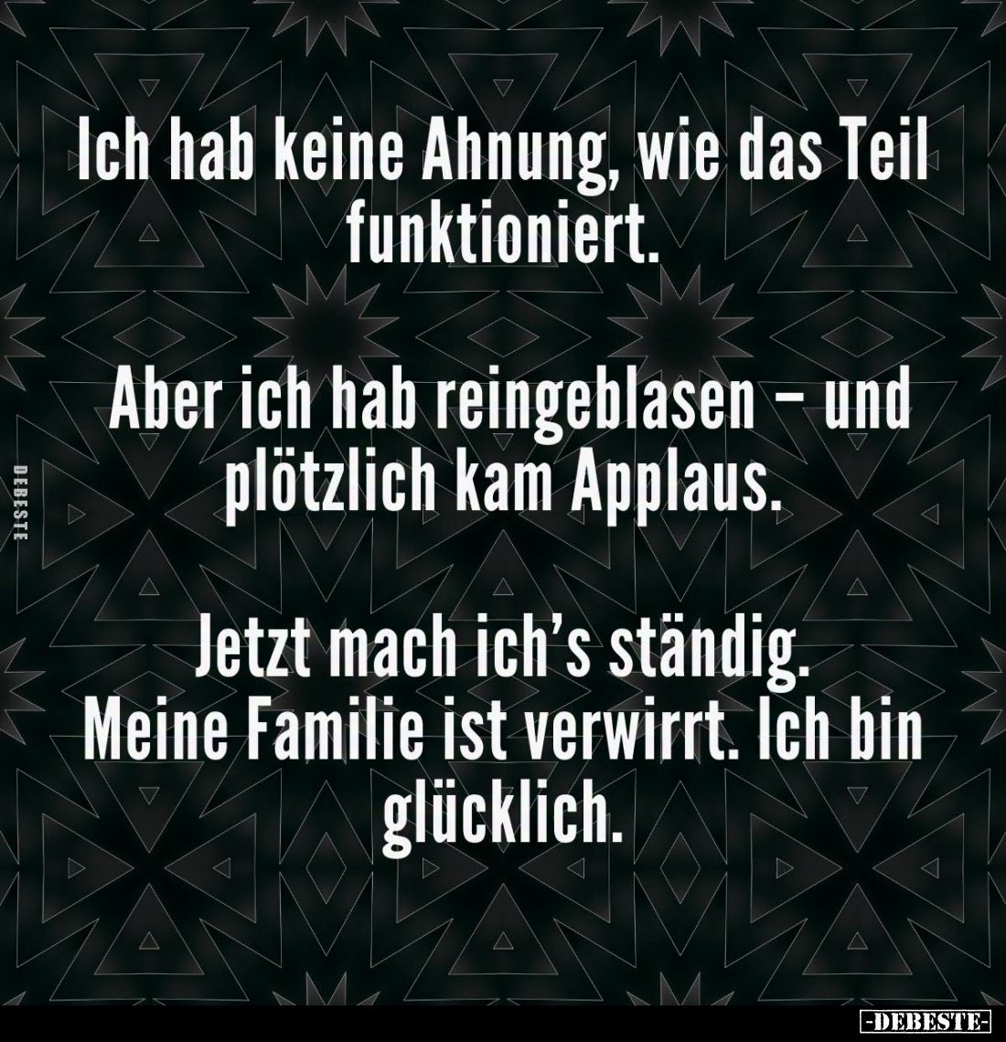 Ich hab keine Ahnung, wie das Teil funktioniert. -
Aber ich hab reingeblasen – und plötzlich kam Applaus. -
Jetzt mach ich'...