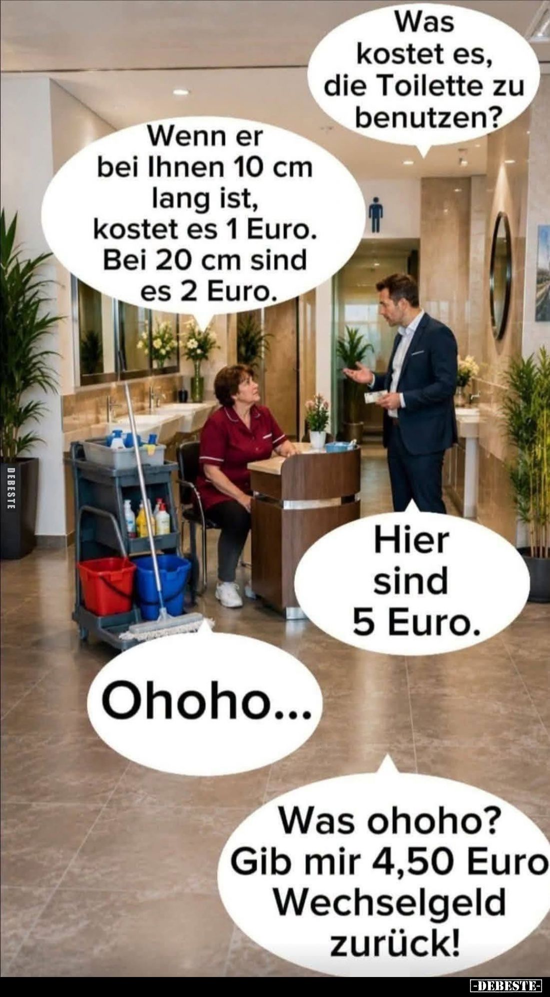 Was kostet es, die Toilette zu benutzen?
-
Wenn er bei Ihnen 10 cm lang ist, kostet es 1 Euro. Bei 20 cm sind es 2 Euro.
-...