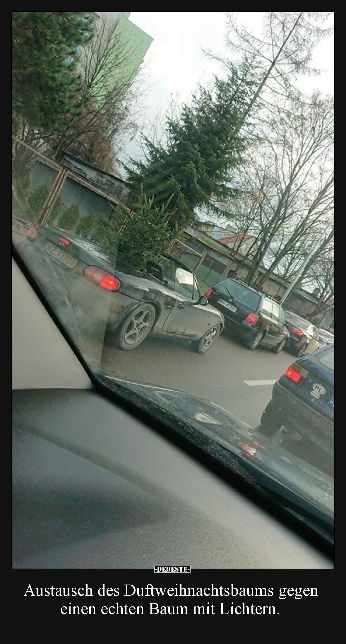 Austausch des Duftweihnachtsbaums gegen einen echten Baum mit Lichtern.
