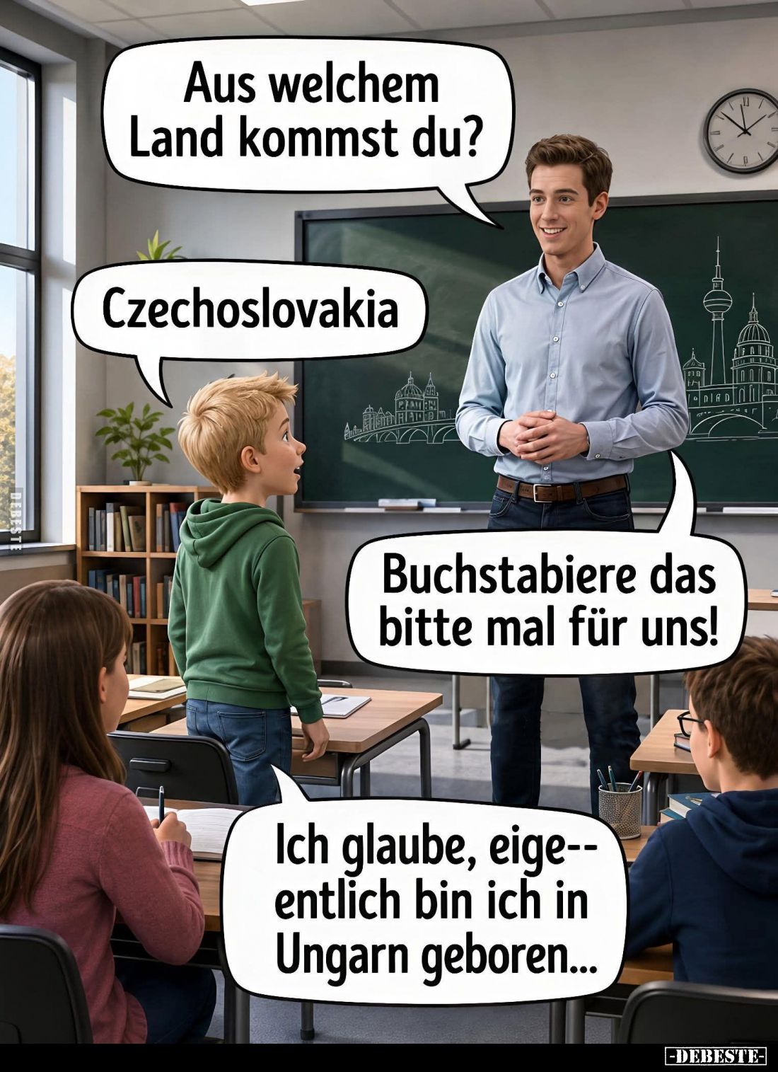 Aus welchem Land kommst du?
-
Czechoslovakia
-
Buchstabiere das bitte mal für uns!
-
Ich glaube, eigeentlich bin ich in...
