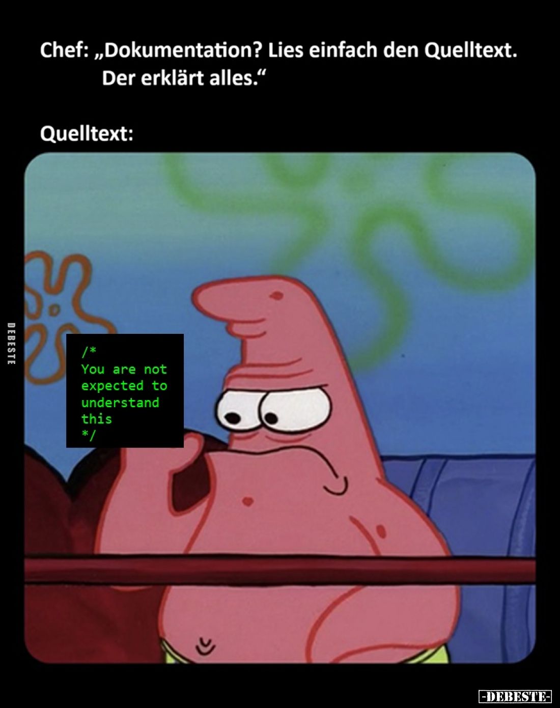 Chef: "Dokumentation? Lies einfach den Quelltext. Der erklärt alles." Quelltext: