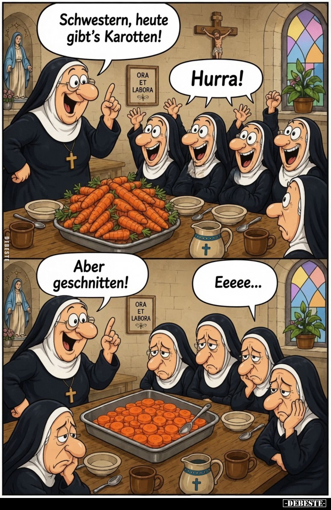 Schwestern, heute gibt's Karotten!

Hurra!


Aber geschnitten! Eeeee...