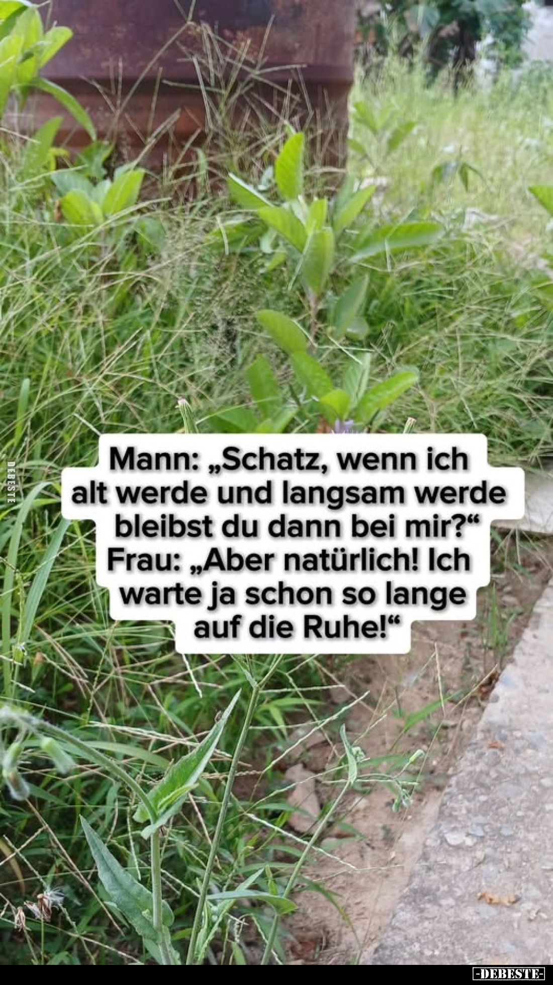 Mann: „Schatz, wenn ich alt werde und langsam werde bleibst du dann bei mir?" Frau: „Aber natürlich! Ich warte ja schon ...
