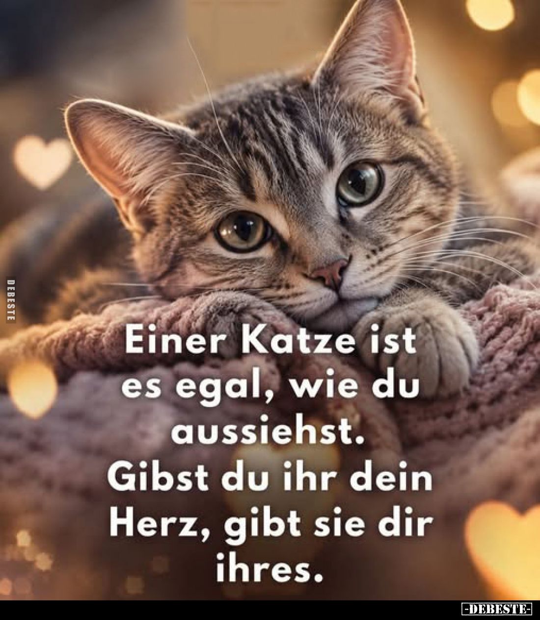 Einer Katze ist es egal, wie du aussiehst.
Gibst du ihr dein Herz, gibt sie dir ihres.