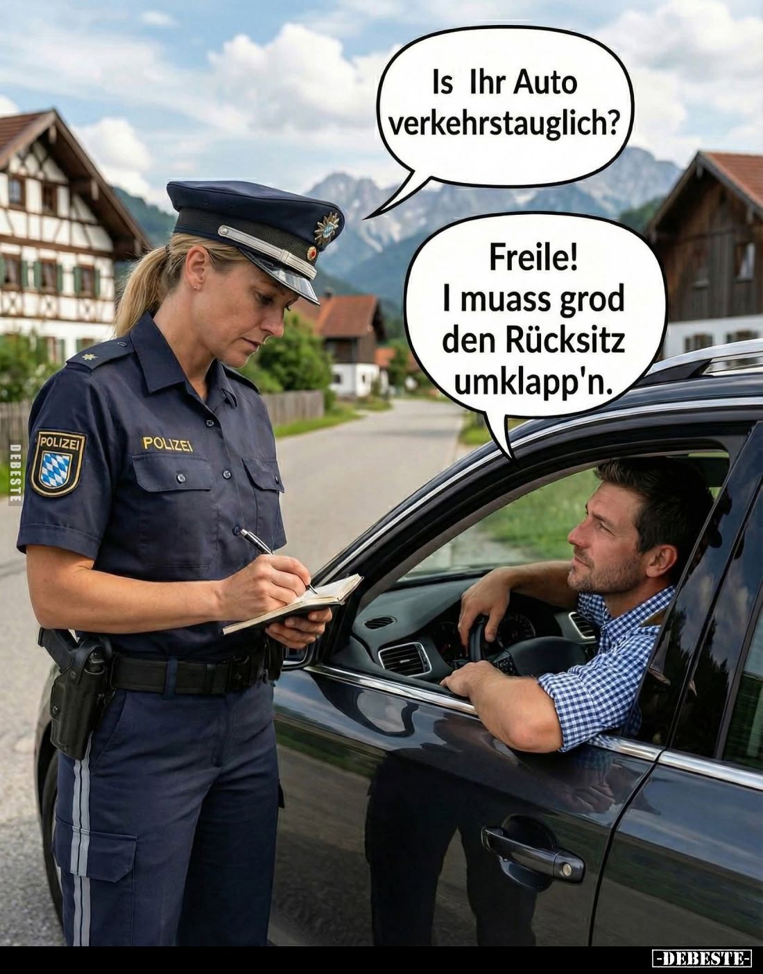 Is Ihr Auto verkehrstauglich? -
Freile! I muass grod den Rücksitz umklapp'n.