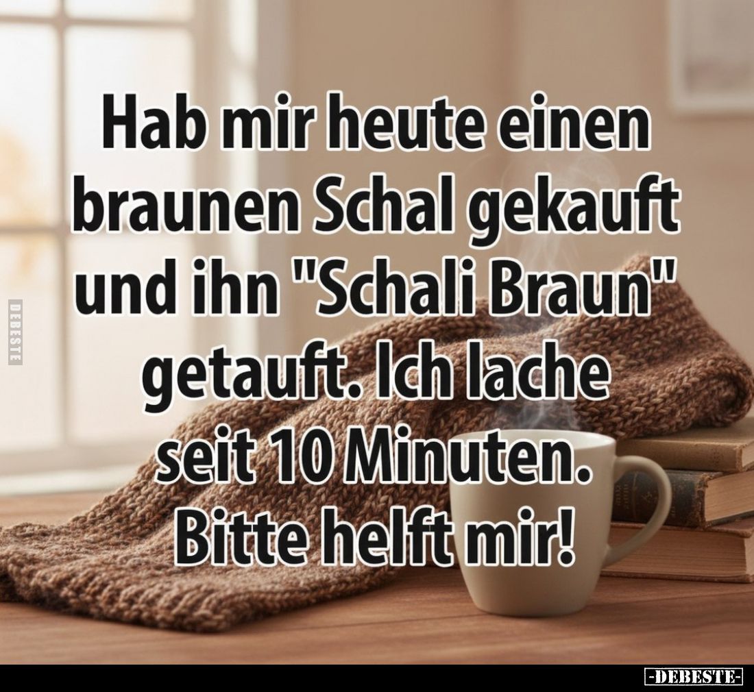 Hab mir heute einen braunen Schal gekauft und ihn "Schali Braun" getauft. Ich lache seit 10 Minuten. Bitte helft mi...