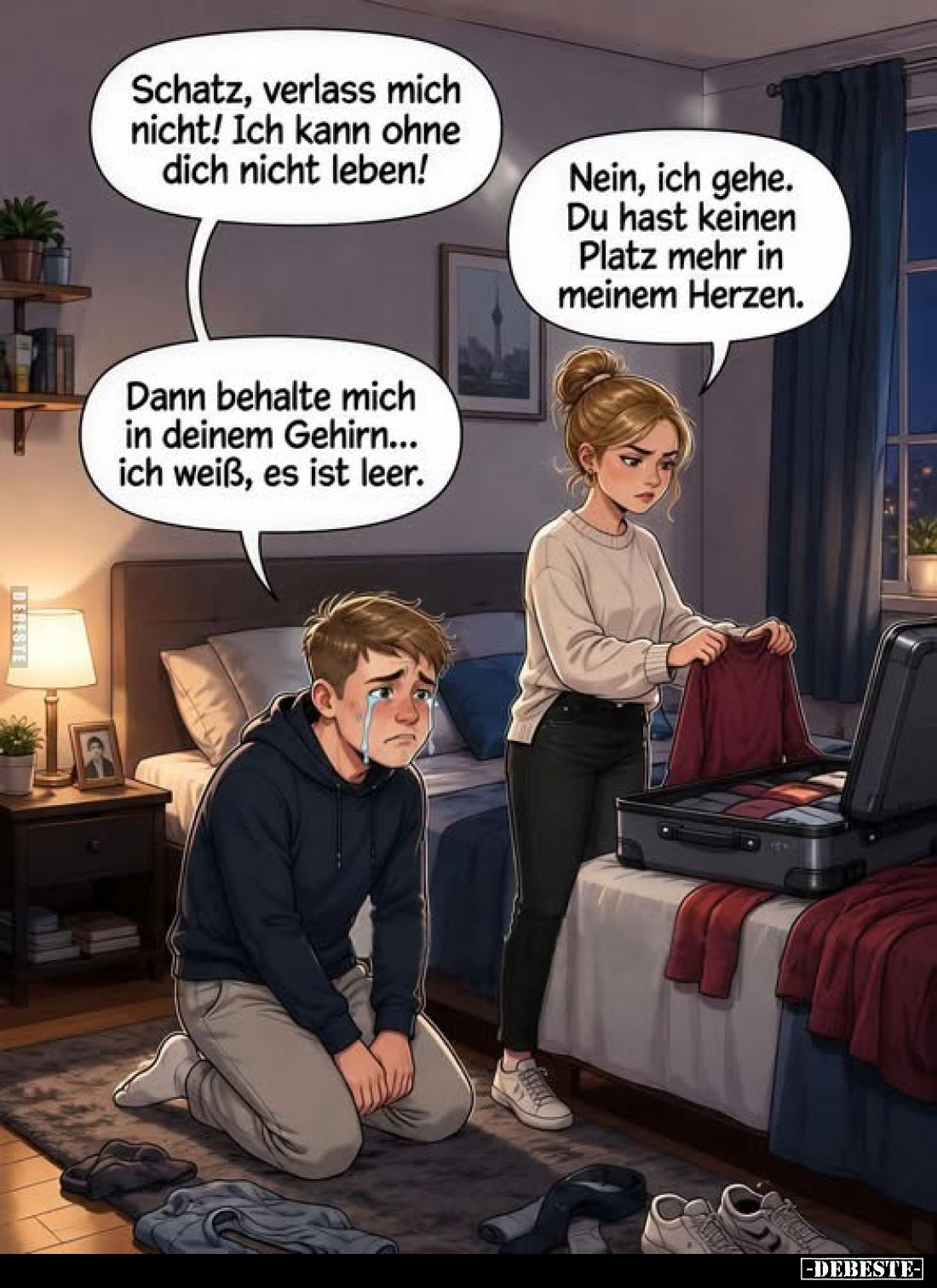 Schatz, verlass mich nicht! Ich kann ohne dich nicht leben!
Nein, ich gehe. Du hast keinen Platz mehr in meinem Herzen.
Dan...
