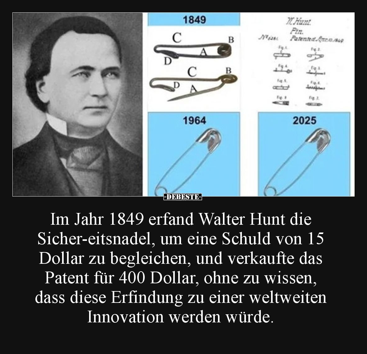 Im Jahr 1849 erfand Walter Hunt die Sicherheitsnadel, um eine Schuld von 15 Dollar zu begleichen, und verkaufte das Patent fü...