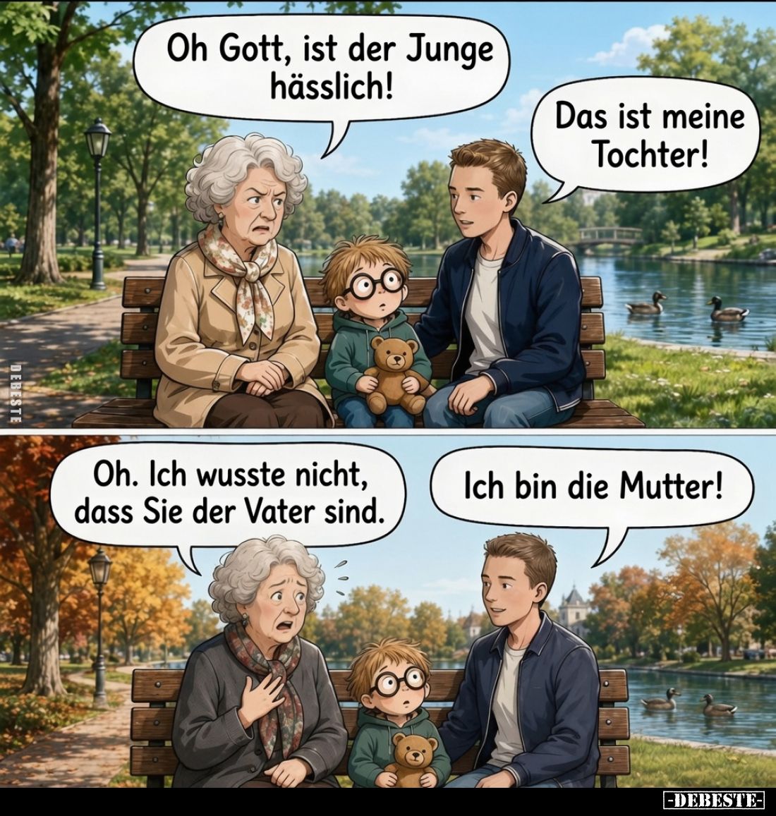 Oh Gott, ist der Junge hässlich! -
Das ist meine Tochter! -
Oh. Ich wusste nicht, dass Sie der Vater sind. -
Ich bin die M...