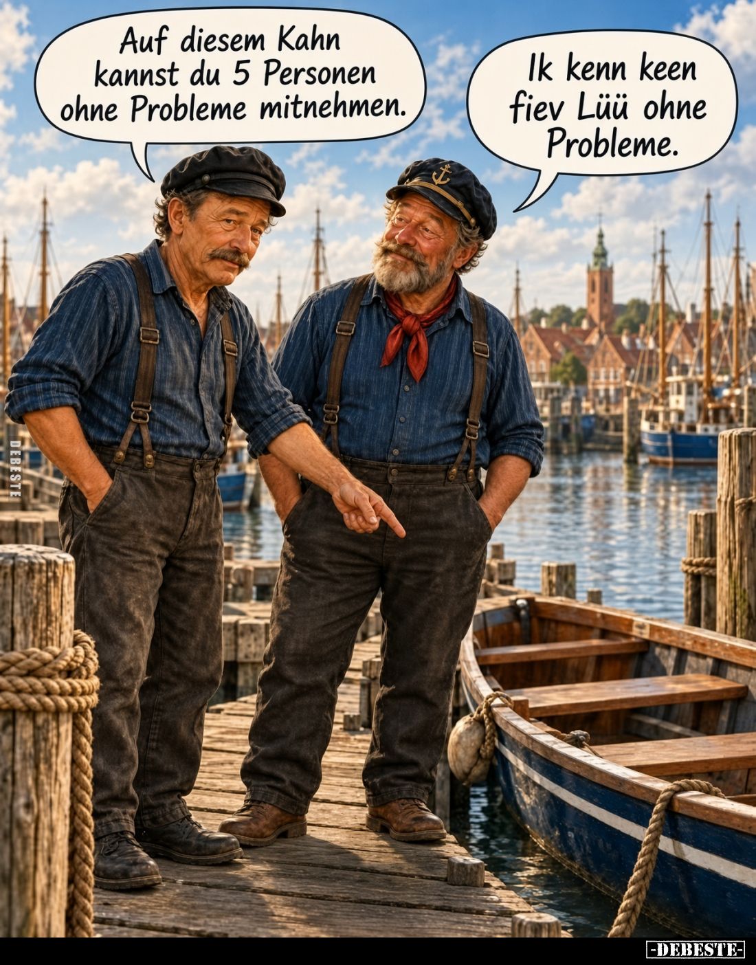 Auf diesem Kahn kannst du 5 Personen ohne Probleme mitnehmen. -
Ik kenn keen fiev Lüü ohne Probleme.