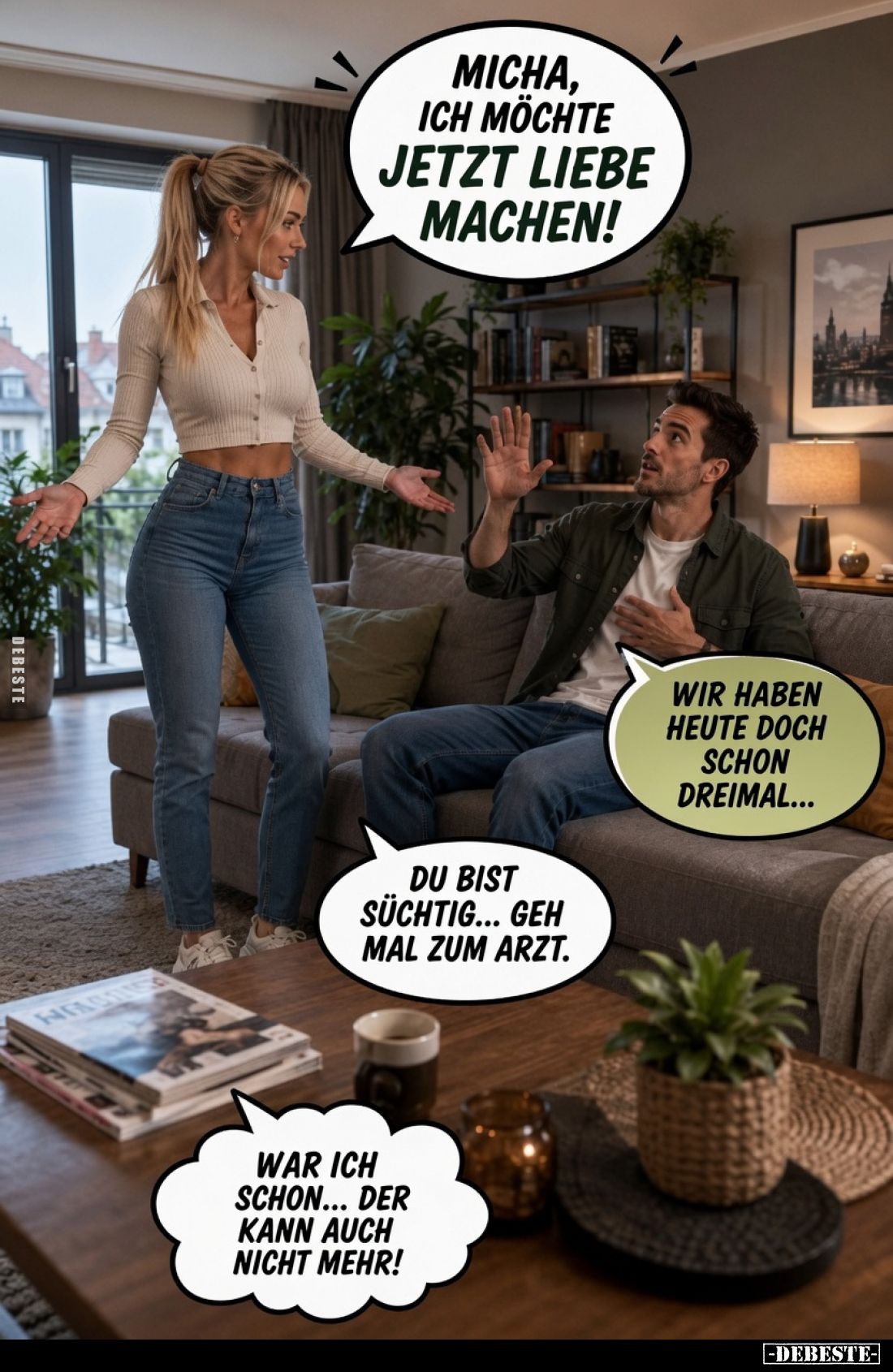 Micha, ich möchte jetzt Liebe machen!
Wir haben heute doch schon dreimal...
Du bist süchtig... geh mal zum Arzt.
War ich s...