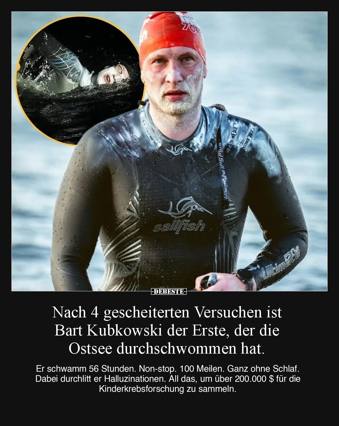 Nach 4 gescheiterten Versuchen ist Bart Kubkowski der Erste, der die Ostsee durchschwommen hat. Er schwamm 56 Stunden. Non-st...