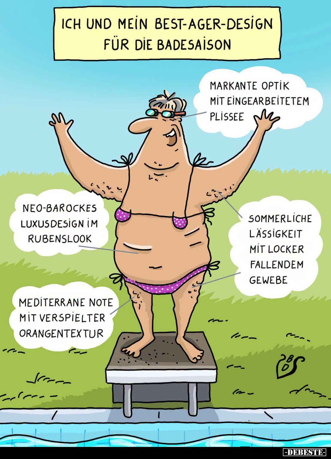 Ich und mein Best-Ager-Desi̇gn für die Badesaison:
Markante Optik mit eingearbeitetem Plissee;
Neo-barockes Luxusdesi̇gn i̇...