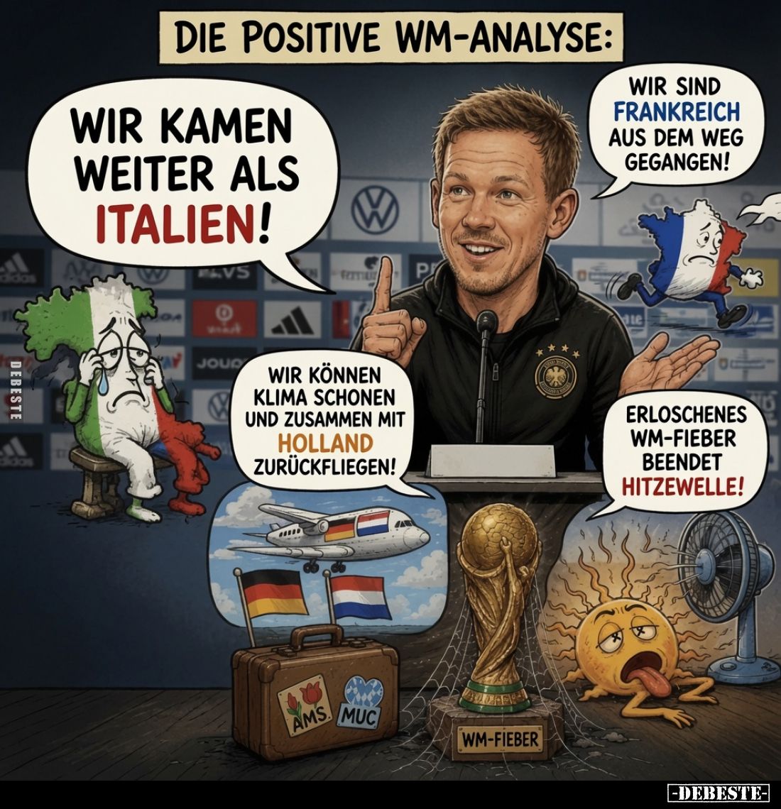 Die positive WM-Analyse:
Wir kamen weiter als Italien!
Wir sind Frankreich aus dem Weg gegangen!
Wir können Klima schonen ...