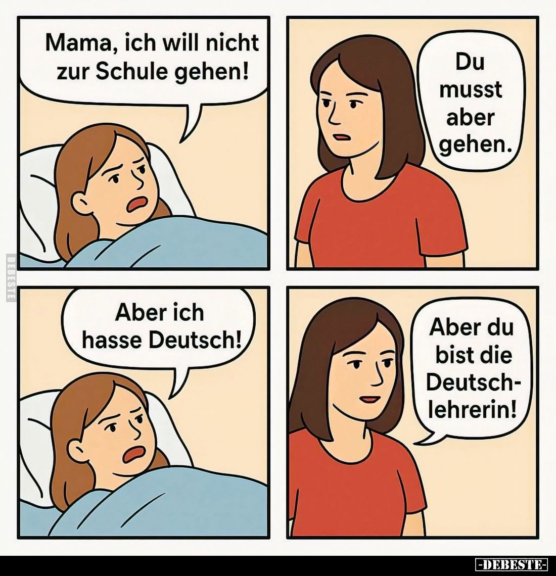 Mama, ich will nicht zur Schule gehen!
Du musst aber gehen.
Aber ich hasse Deutsch!
Aber du bist die Deutschlehrerin!