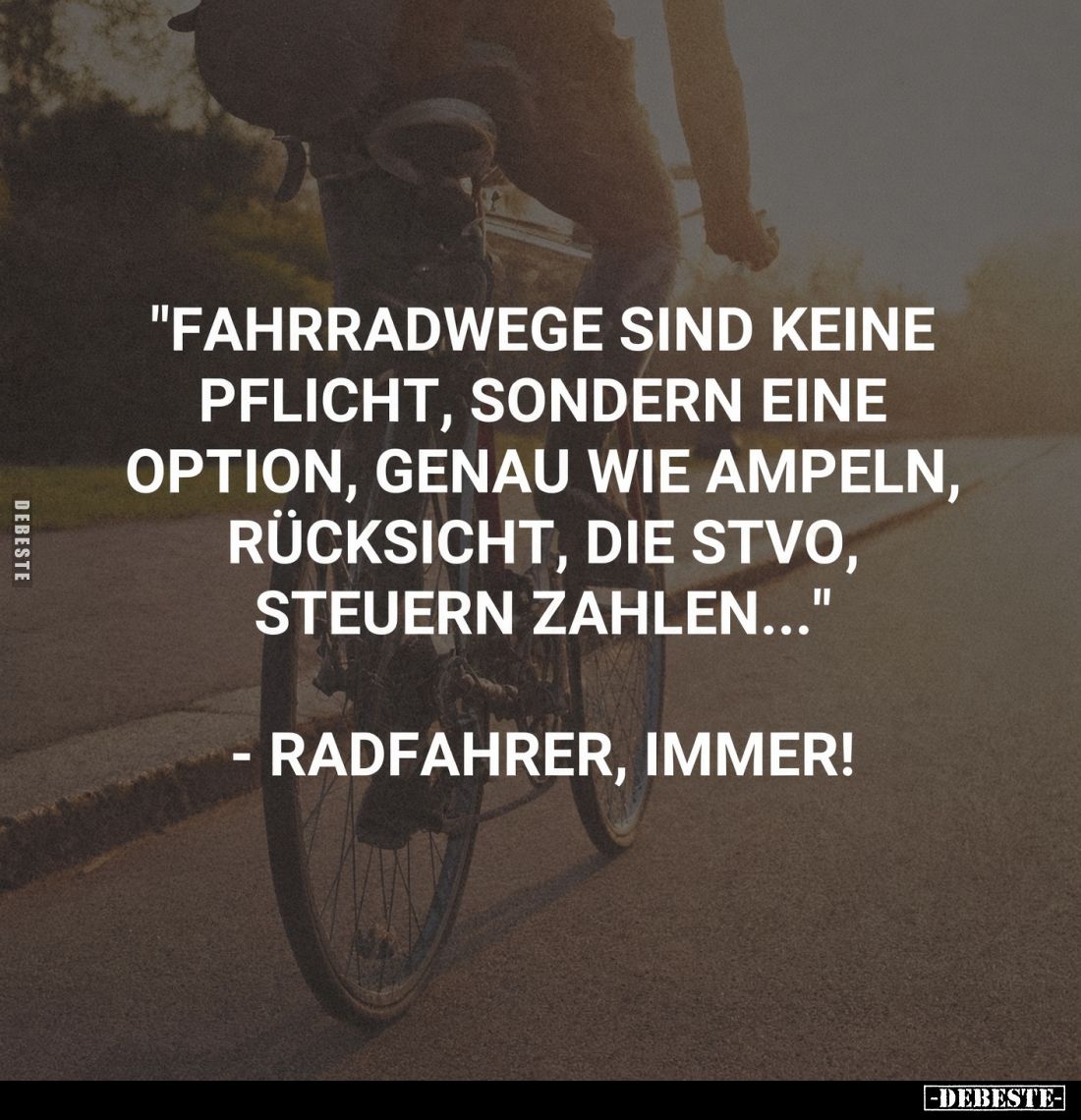 "Fahrradwege sind keine Pflicht, sondern eine Option, genau wie Ampeln, Rücksicht, die StVO, Steuern zahlen..."
- ...