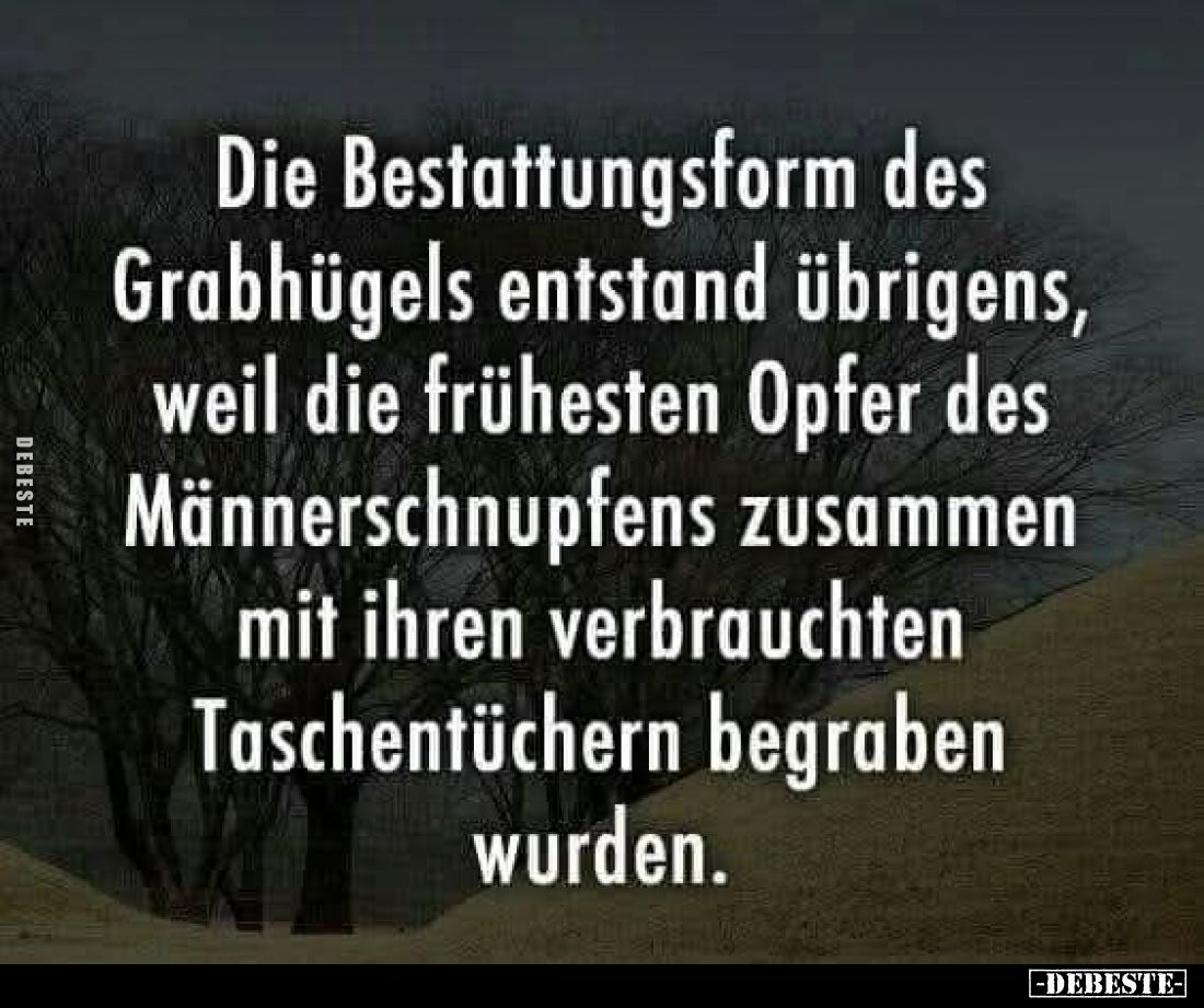 Die Bestattungsform des Grabhügels entstand übrigens, weil die frühesten Opfer des Männerschnupfens zusammen mit ihren verbra...