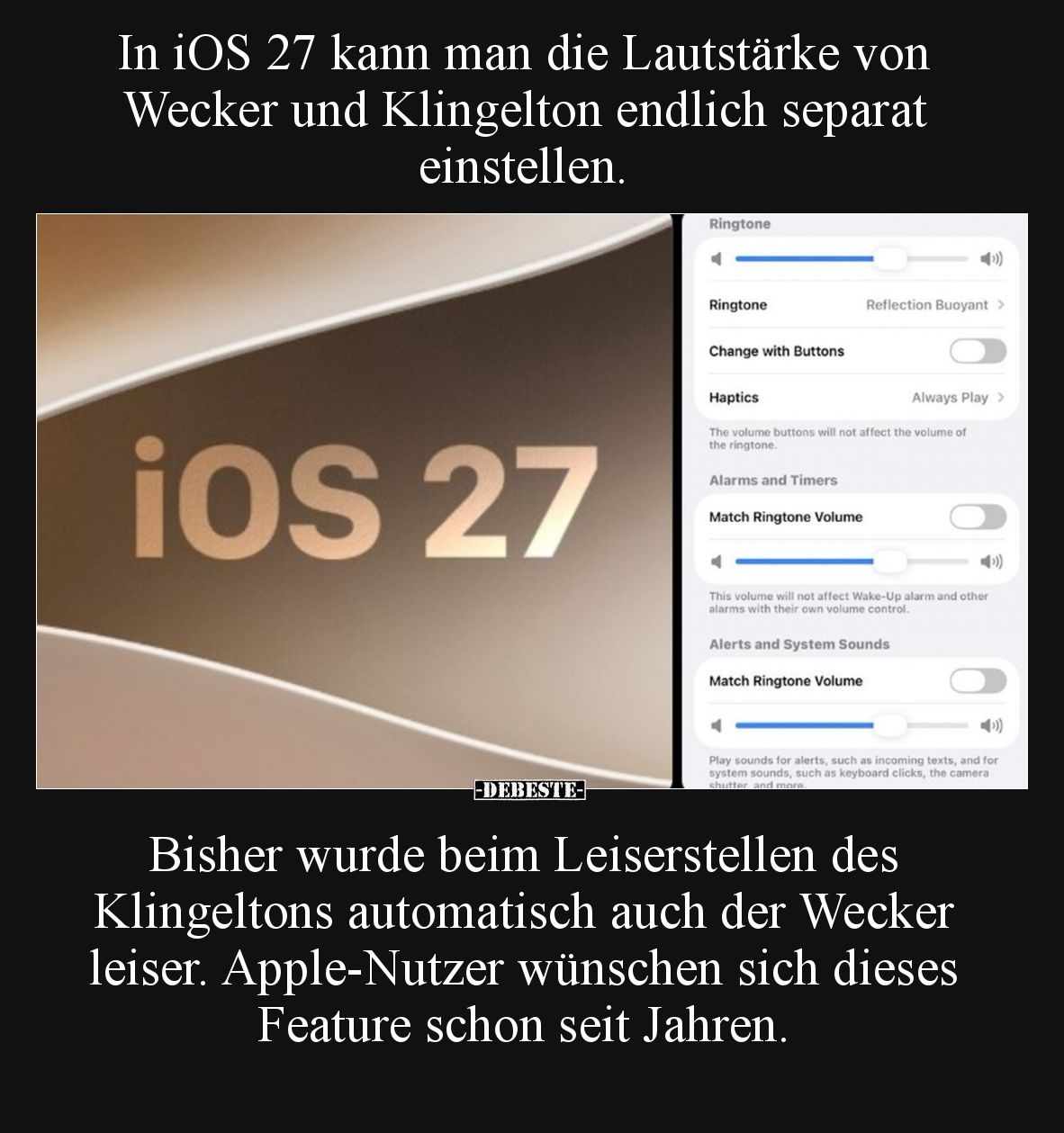 In iOS 27 kann man die Lautstärke von Wecker und Klingelton endlich separat einstellen.
Bisher wurde beim Leiserstellen de...