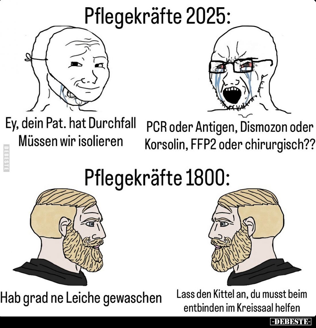Pflegekräfte 2025:
Ey, dein Pat. hat Durchfall. Müssen wir isolieren. -
PCR oder Antigen, Dismozon oder Korsolin, FFP2 oder...